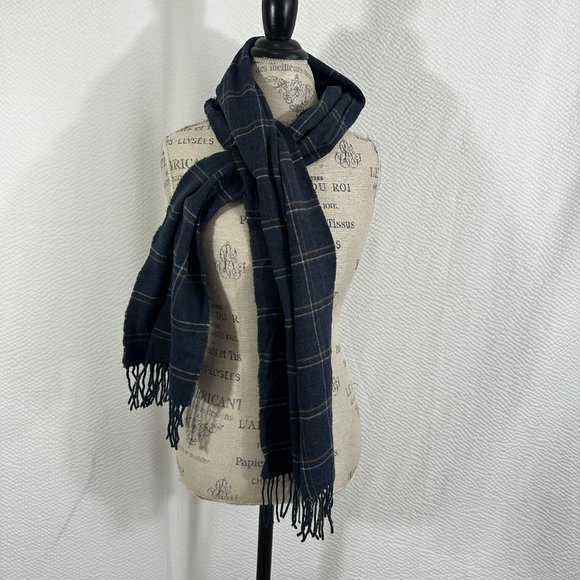 London Fog Cashmink Fashion Scarf Blue Gold Plaid Pattern Made in Germany - Picture 1 of 8